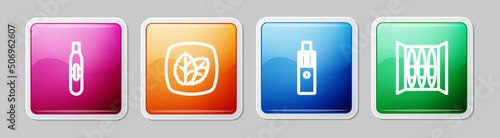 Set line Electronic cigarette, Tobacco leaf, Vape mod device and Cigar. Colorful square button. Vector