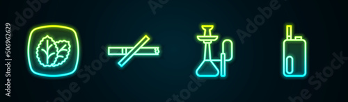 Set line Tobacco leaf, No smoking, Hookah and Electronic cigarette. Glowing neon icon. Vector