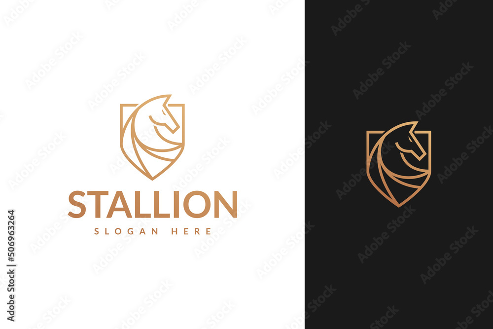 stallion horse head and shield with line outline monoline style logo design vector