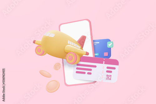 3D payment ticket for flight airplane online via mobile phone, ready for tourism and travel planning with smartphone. Travel booking and service. 3d vector airplane ticket render illustration