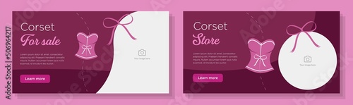 Corset store online banner template set, lingerie boutique shop advertisement, horizontal ad, female underwear shop campaign webpage, pink lace bra creative brochure, isolated on background