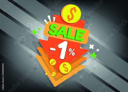 Sale discount, tags and arrow icons for promotion, one percent off, -1%
