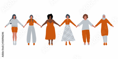 Different women are holding hands. International Women's Day concept. Women's community. Female solidarity. Vector illustration