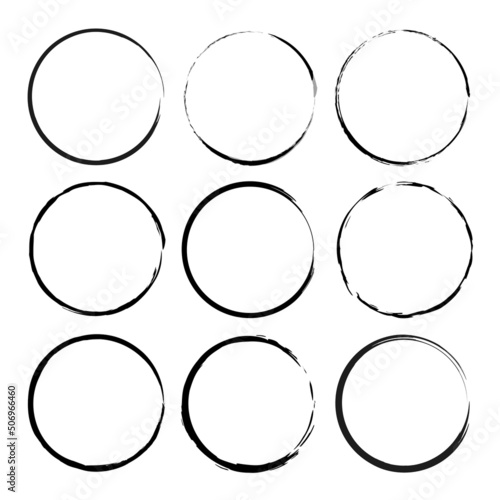 Black ink circles strokes on white background. Ink brush stroke drawing. Vector illustration. stock image.