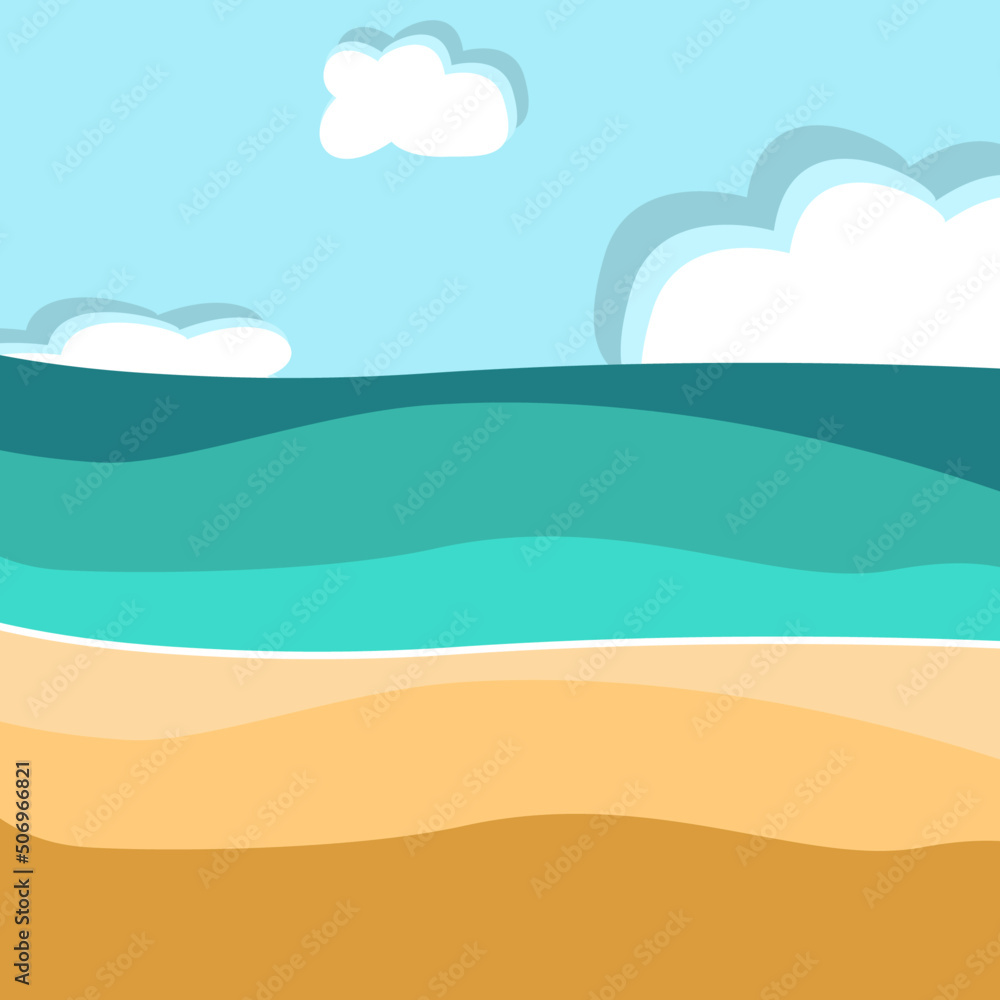 Vector background with ocean and beach in flat technique with a sky and clouds 