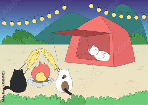 Vector illustration of cats in a camping lot.
