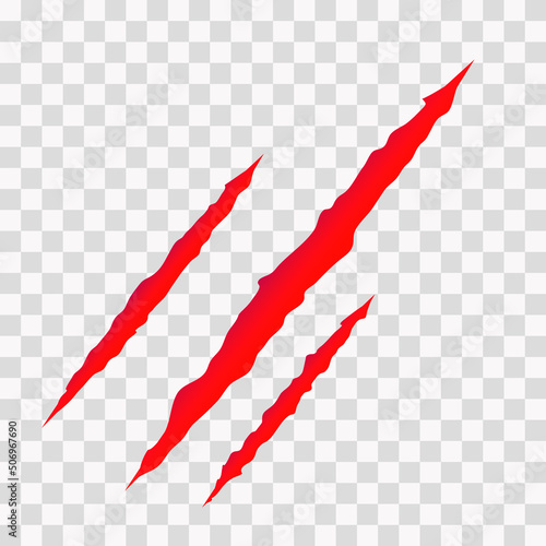 Cat scratches. Animal claws marks in red. Monster or dinosaur attack slash stripes on transparent background. Vector illustration