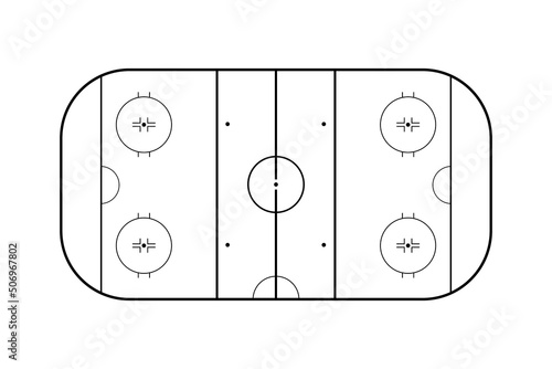 Hockey rink top view thin line, game strategy sport plan. Hockey field template playground in black and white color, tactic play on frozen sporty stadium, vector illustration