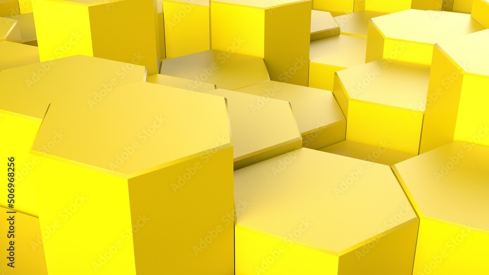 Fototapeta premium Abstract background with waves made of yellow futuristic honeycomb mosaic geometry primitive forms that goes up and down under black-white lighting. 3D illustration. 3D CG. High resolution.