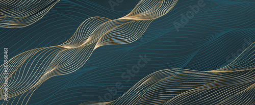 Luxury abstract background in blue tones with golden waves in art line style for wallpaper design, interior design, home decor, print, packaging