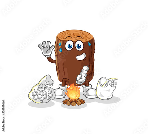 log roasting marshmallows. cartoon mascot vector