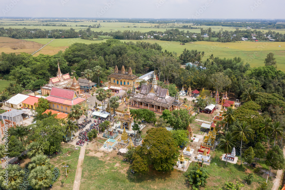 Aerial view of the campus of Khmer temple Bung Coc, Soc Trang, Viet Nam