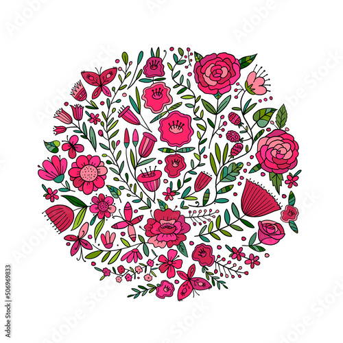 Floral Garden. Spring concept Background. Circle frame for your design, busin...