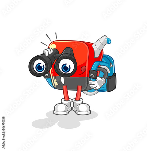 gasoline pump with binoculars character. cartoon mascot vector