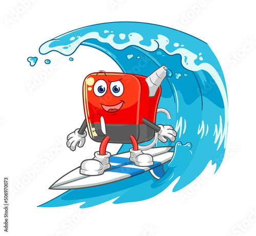 Fototapeta Naklejka Na Ścianę i Meble -  gasoline pump surfing character. cartoon mascot vector