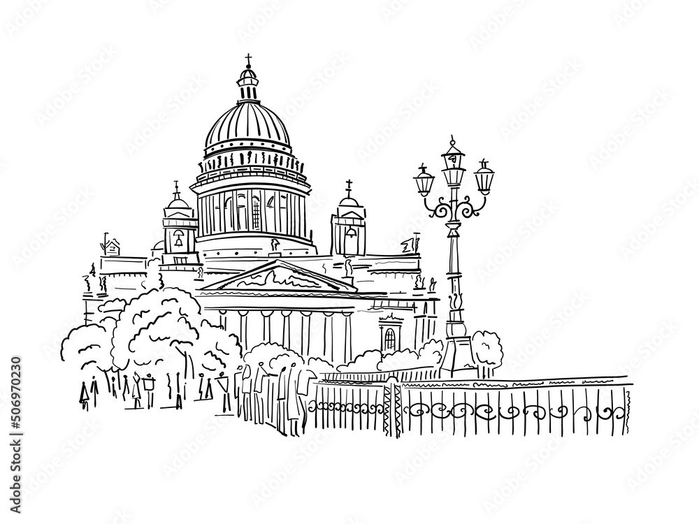 Saint Isaac Cathedral of Saint Petersburg landmark, Russia. Sketch for your design. Colouring page