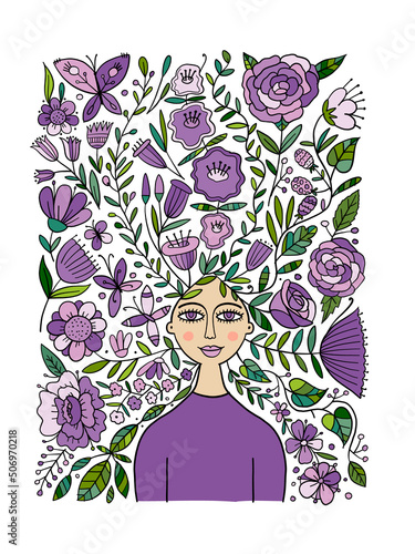 Floral female portrait, pretty woman with floral hairs. Design for fashion ca...