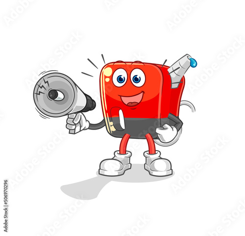 gasoline pump holding hand loudspeakers vector. cartoon character