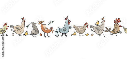 Funny farm birds family. Chicken and Rooster characters. Seamless pattern background for your design