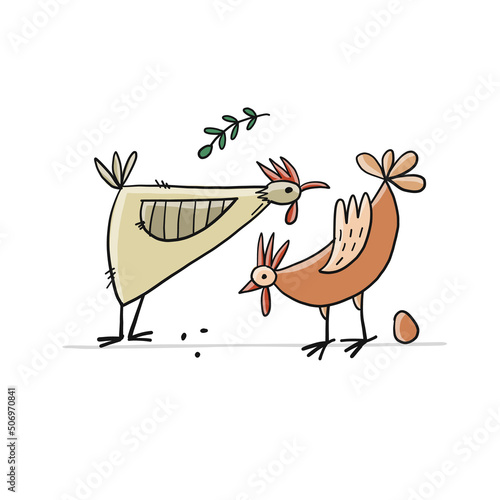 Funny Family - Chicken and Rooster characters with egg. Art isolated on white...