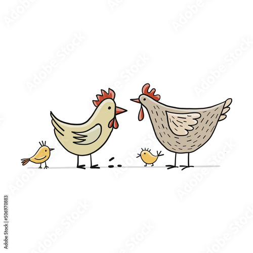 Funny Family - Chicken and Rooster characters with chick. Art isolated on white for your design