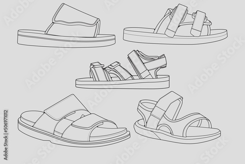 set of outline Cool strap sandals. strap sandals outline drawing vector, strap sandals drawn in a sketch style, strap sandals trainers template outline, Set Collection. grey background 