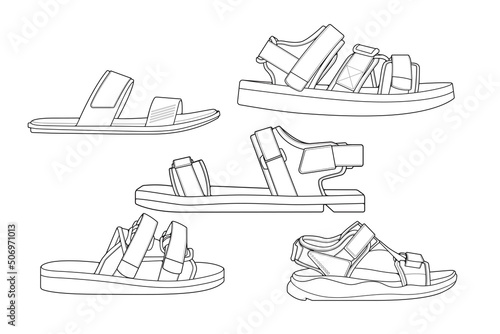 set of outline Cool strap sandals. strap sandals outline drawing vector, strap sandals drawn in a sketch style, strap sandals trainers template outline, Set Collection. grey background
