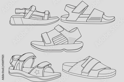 set of outline Cool strap sandals. strap sandals outline drawing vector, strap sandals drawn in a sketch style, strap sandals trainers template outline, Set Collection. grey background
