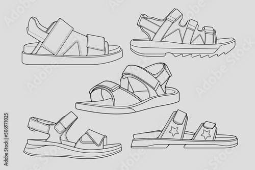 set of outline Cool strap sandals. strap sandals outline drawing vector, strap sandals drawn in a sketch style, strap sandals trainers template outline, Set Collection. grey background

