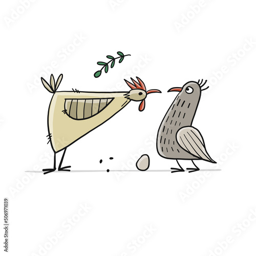Funny Family - Chicken and Rooster characters with egg. Art isolated on white...