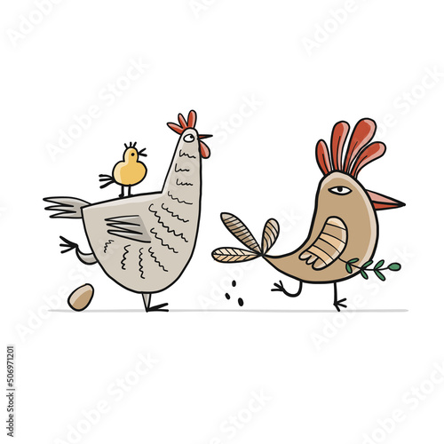 Funny Family - Chicken and Rooster characters with chick. Art isolated on white for your design