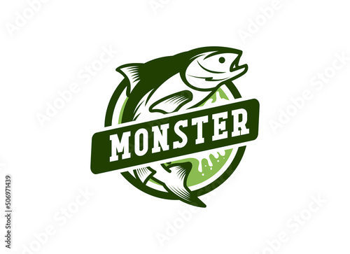Monster fish emblem logo. Fishing logo design template. 