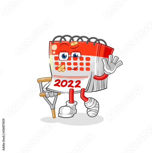 calendar sick with limping stick. cartoon mascot vector
