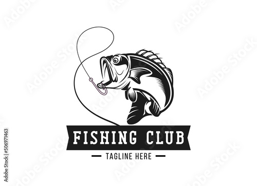 Monster fish emblem logo. Fishing logo design template. 