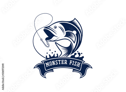 Monster fish emblem logo. Fishing logo design template. 