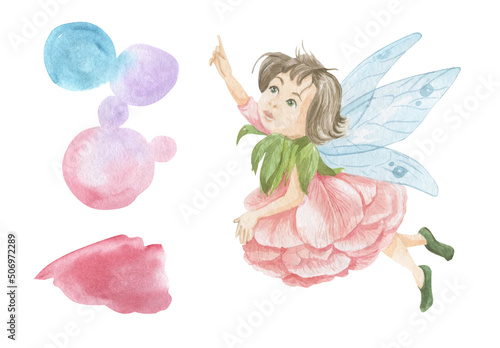 Watercolor illustration of a flower fairy in a peony dress photo
