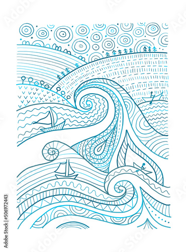 Marine Landscape Background. Art Picture ethnic ornament, water element for y...