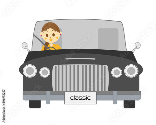 クラシックカーが大好きで運転中のかわいい女性のイラスト・ヴィンテージカー・クラシックカー女子