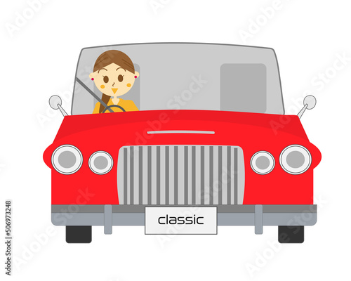 クラシックカーが大好きで運転中のかわいい女性のイラスト・ヴィンテージカー・クラシックカー女子