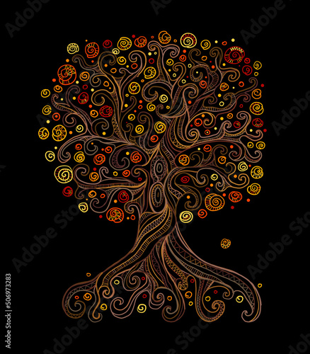 Old big family tree with roots. Isolated on white background. Concept Art for...