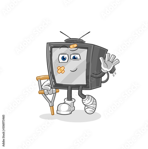 old tv sick with limping stick. cartoon mascot vector