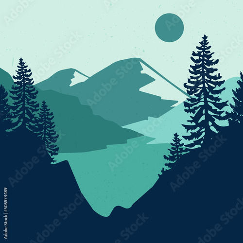 Collection of abstract landscapes. Sun, mountains, moon, trees, lakes, rivers. Japanese style. Modern layouts, trendy colors. Vector illustration. photo