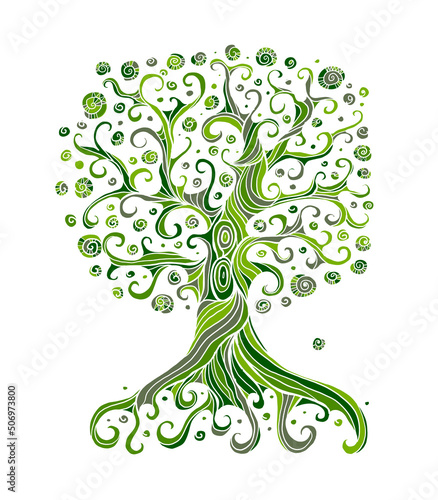 Old big family tree with roots. Isolated on white background. Concept Art for your design. Design interior ideas.