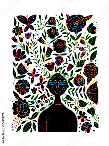 Floral female portrait, pretty woman with floral hairs. Design for fashion ca...