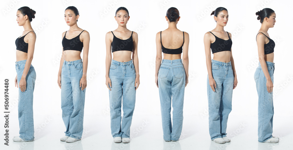 Obraz premium Full length Figure snap of 20s Asian Woman black hair vast jeans pant and sneaker.