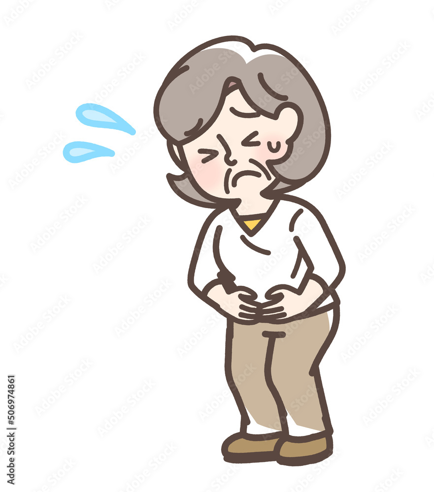 腹痛でお腹をおさえている女性 腹痛でお腹をおさえている女性