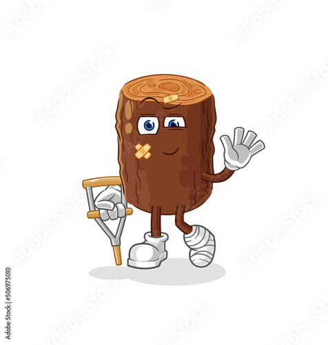 log sick with limping stick. cartoon mascot vector
