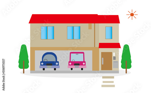 インナーガレージを付けたこだわりの注文住宅のイラスト・マイホーム・自動車