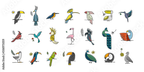 Icons set of paradise tropical birds. Pink flamingo and green parrots on branches. Peacocks with toucans etc. Childish style for your design