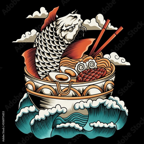 koi fish ramen vector illustration